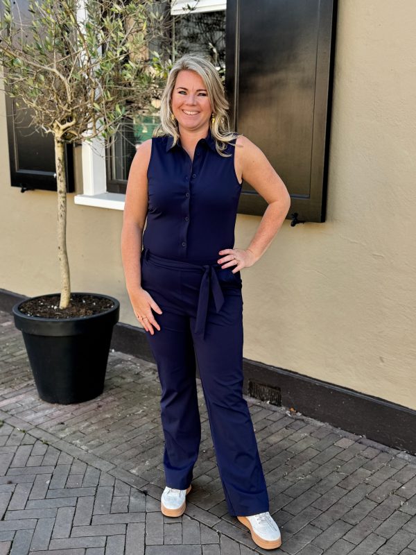 Travelstof jumpsuit mouwloos navy - Afbeelding 6