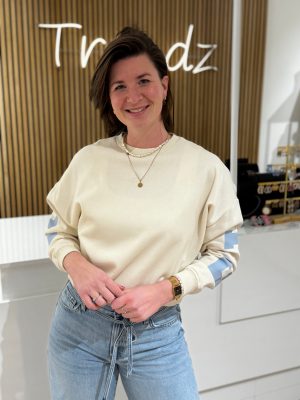 Sweater Florida off-white met lichtblauwe letters