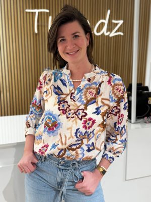 Blousetop Linde blauw/taupe