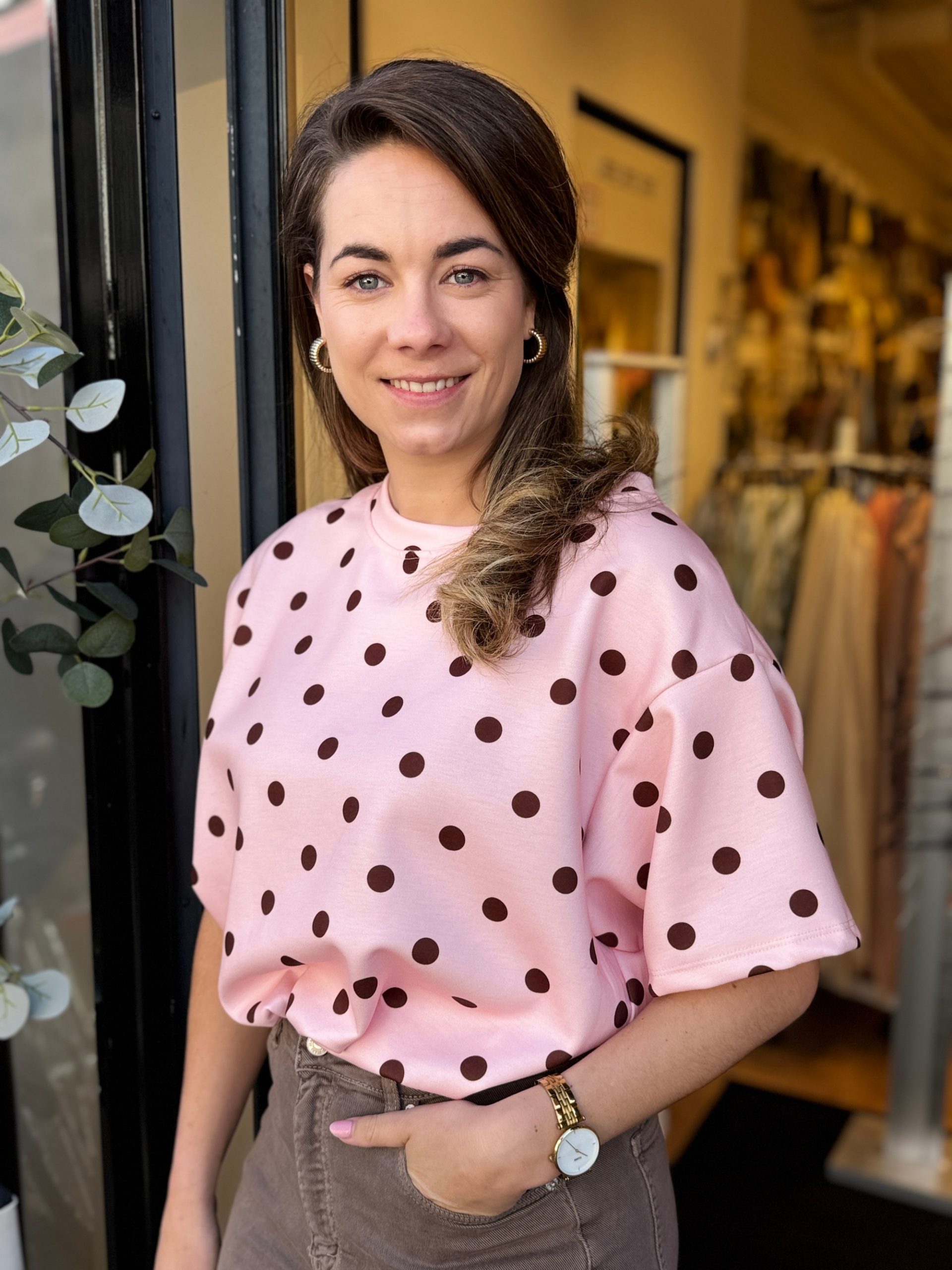 Top Nora roze(met bruine dots) one size