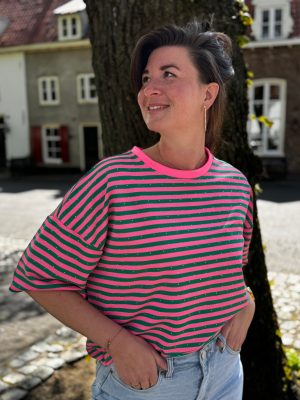 Shirt Tess bottle-green/roze (met steentjes)